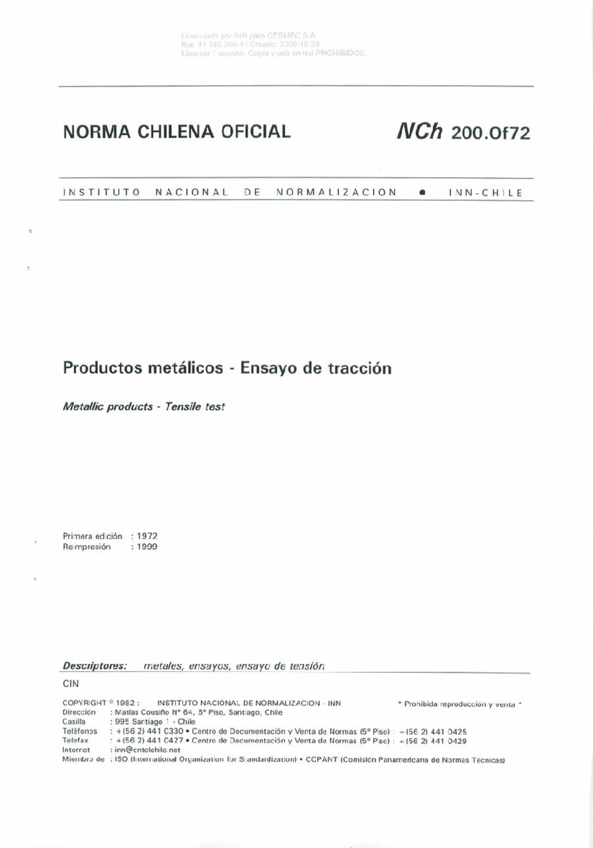 NCh 200: Normas de Ensayo de Tracción para Productos Metálicos - Document Preview