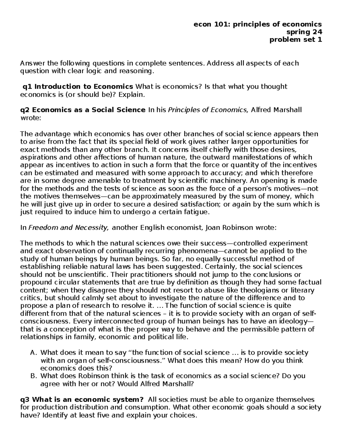 PS1 - Econ 101: Principles of Economics Practice Questions for Spring ...