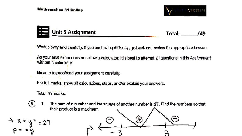 Mathematics 31 Online - Unit 5 Assignment: Applications of Derivatives ...