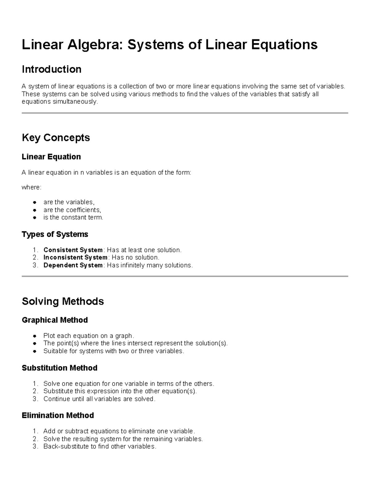 Linear Algebra: Systems of Linear Equations Overview and Methods - Studocu