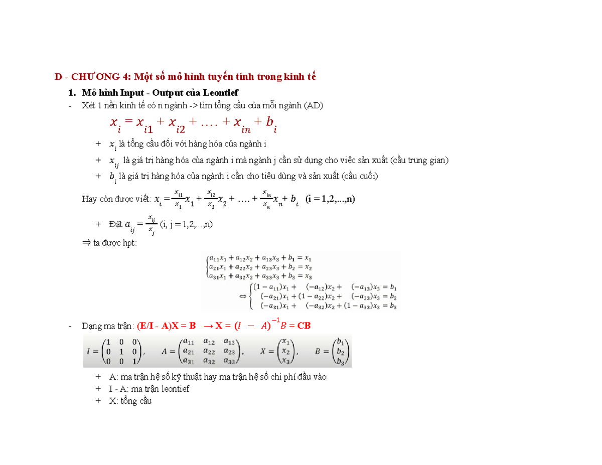 Toán cao cấp - lý thuyết - D - CHƯƠNG 4: Một số mô hình tuyến tính ...