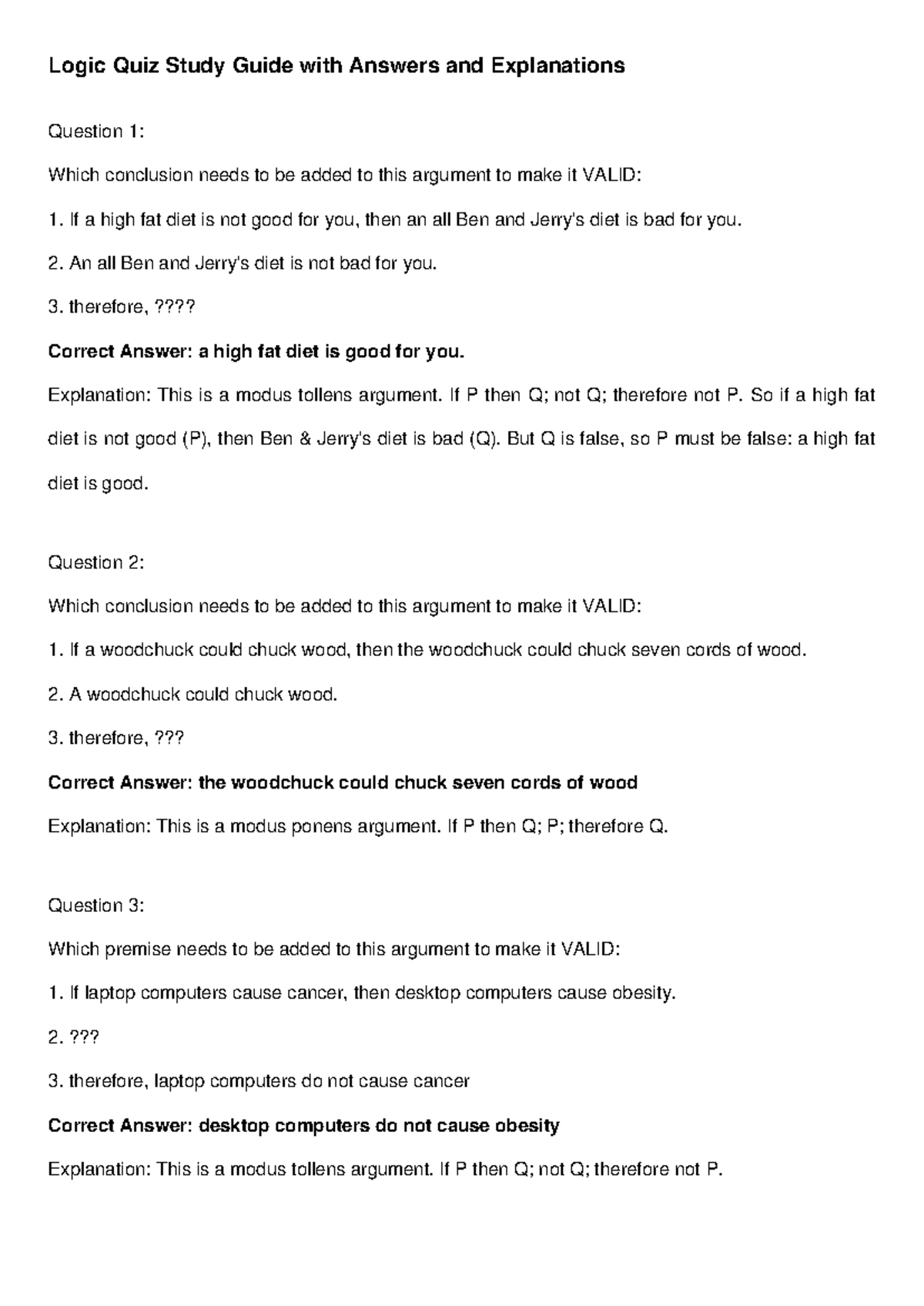 Logic Quiz Study Guide (Course Code: LOG101) - Validity Answers ...