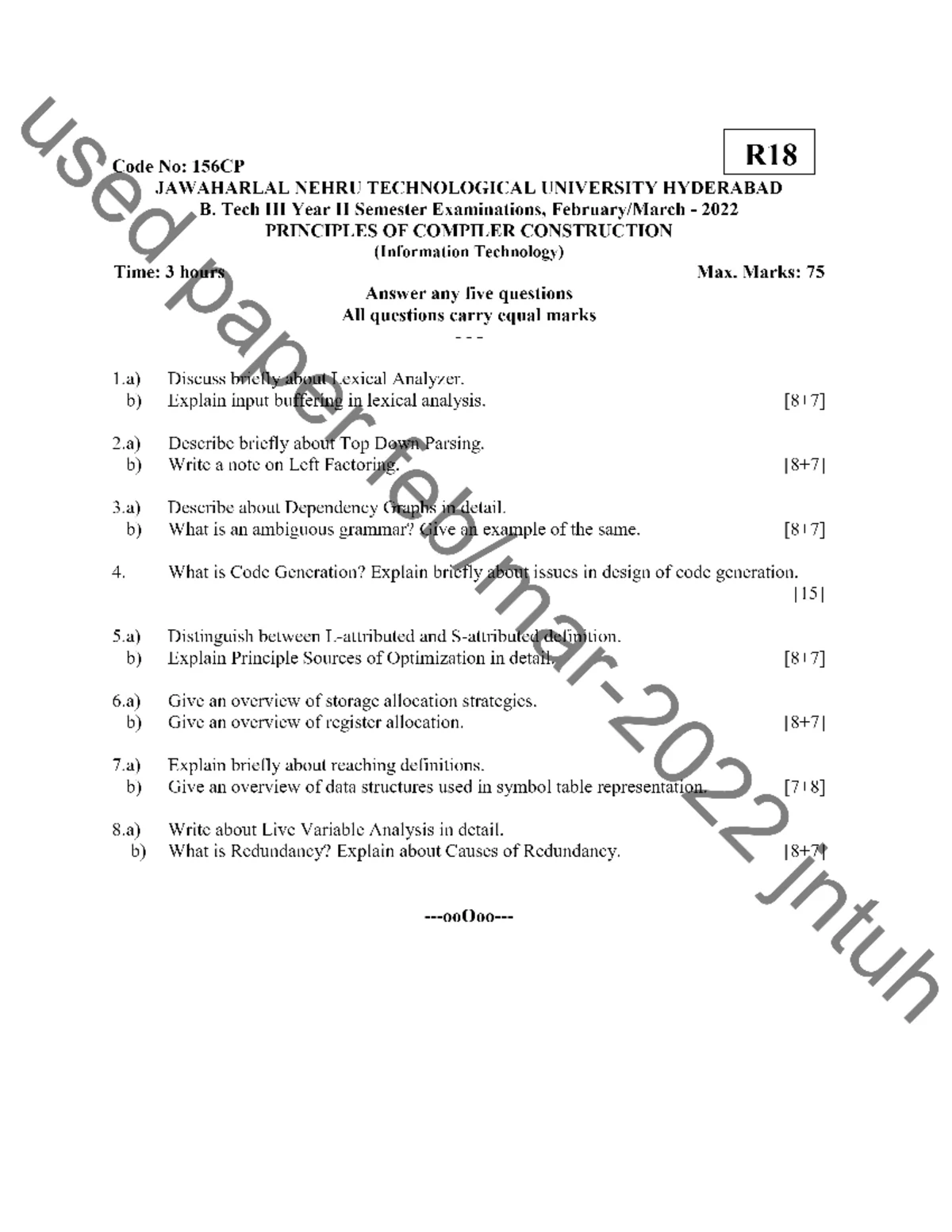 R18 156CP - Previous Year Question Paper for Compiler Construction ...