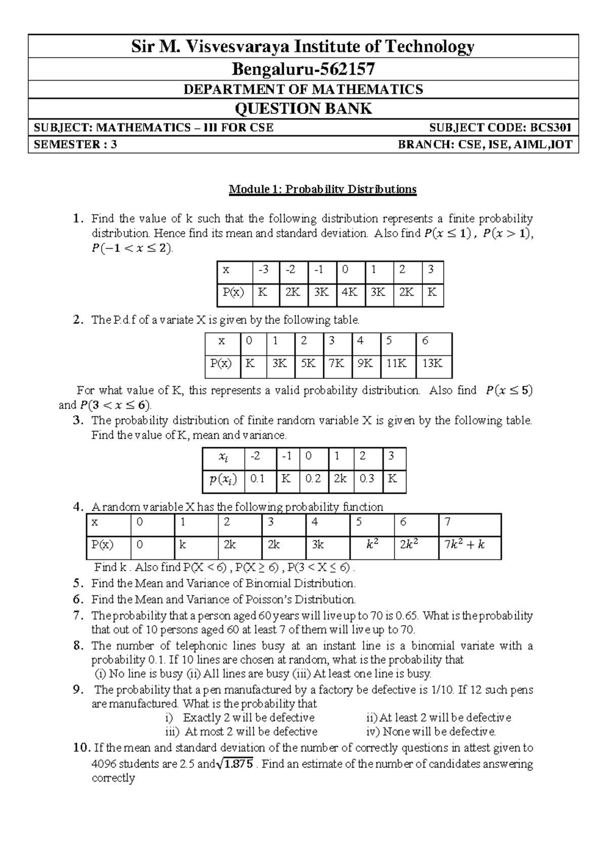 BCS301 Mathematics for CSE: Probability Distributions Question Bank ...