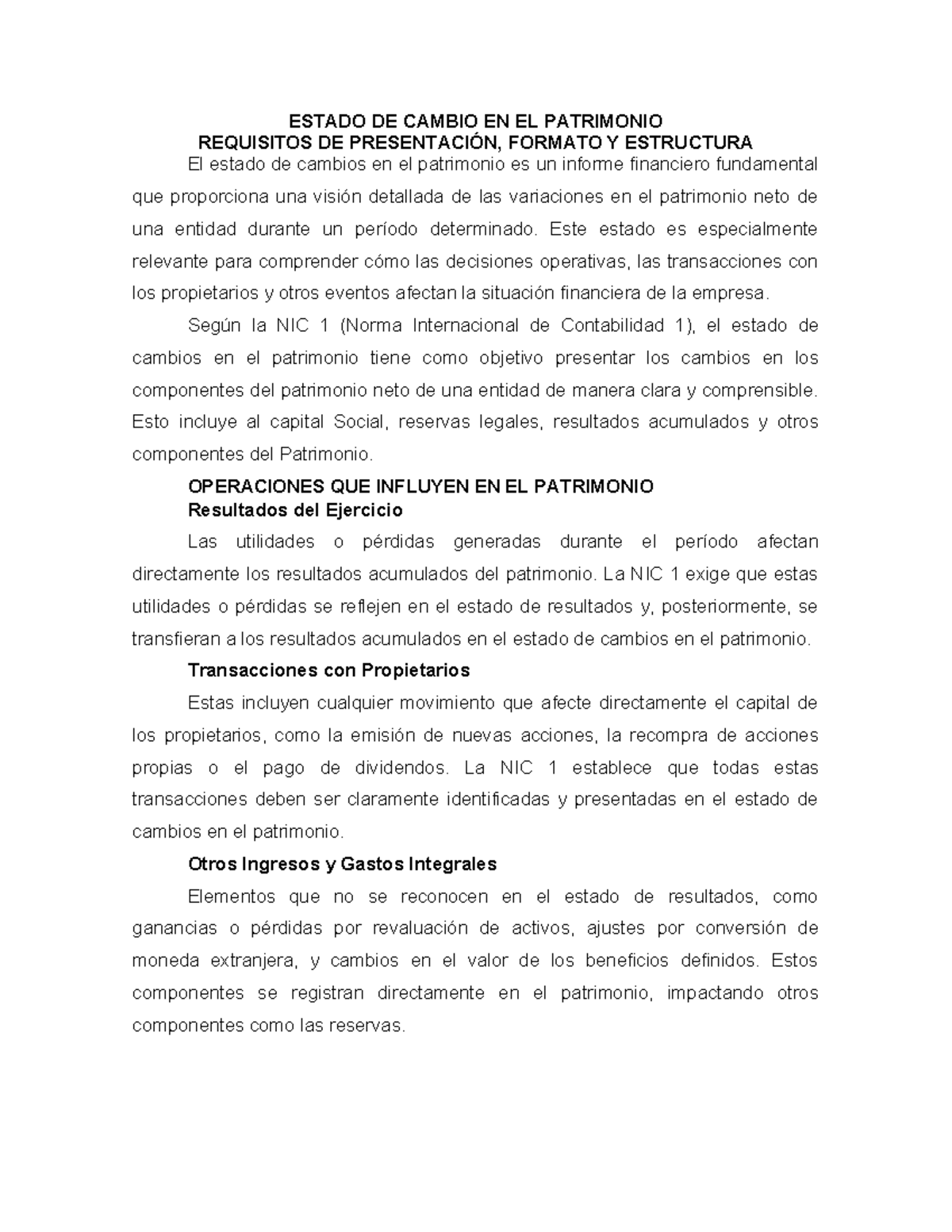 Estado de Cambio en el Patrimonio: Requisitos y Estructura según NIC 1 - Document Preview