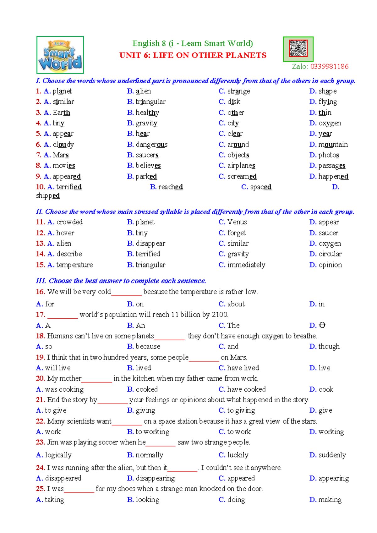 Unit 6 E8 i-LSW8 Test: Life on Other Planets Exercises - Studocu
