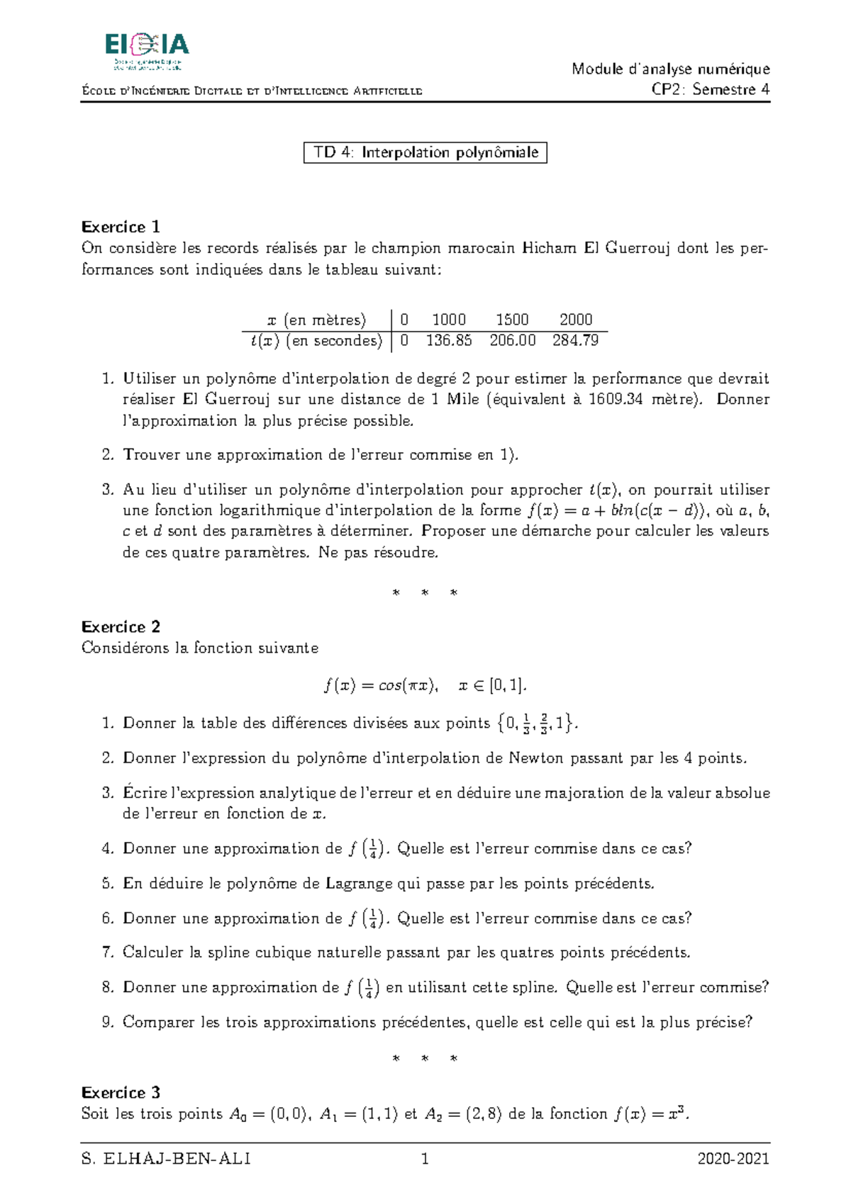 Analyse Numérique CP2: TD4 - Interpolation Polynomiale & Erreurs - Studocu