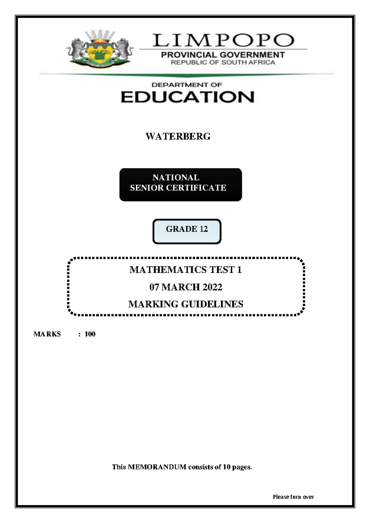 Mathematics Grade 12 NSC Test 1 Marking Guidelines - March 2022 - Studocu