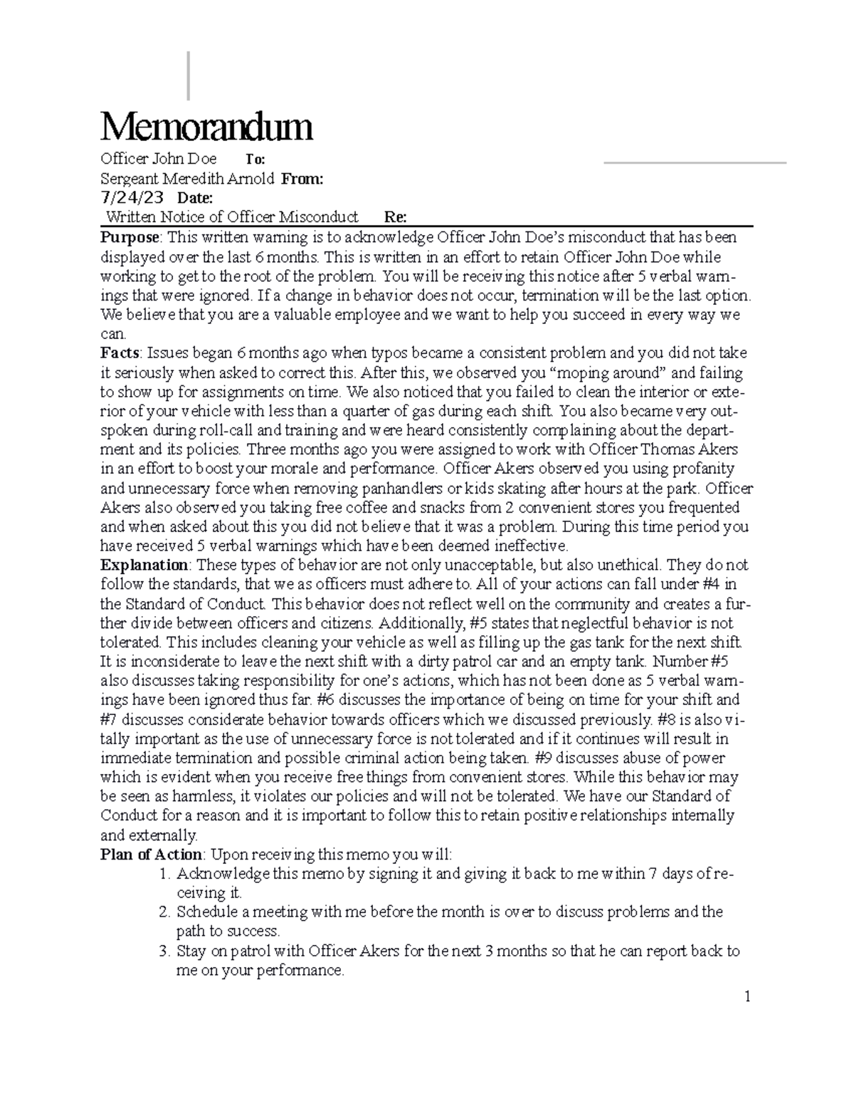 Personnel Action Memo: Officer Misconduct Warning and Plan of Action ...