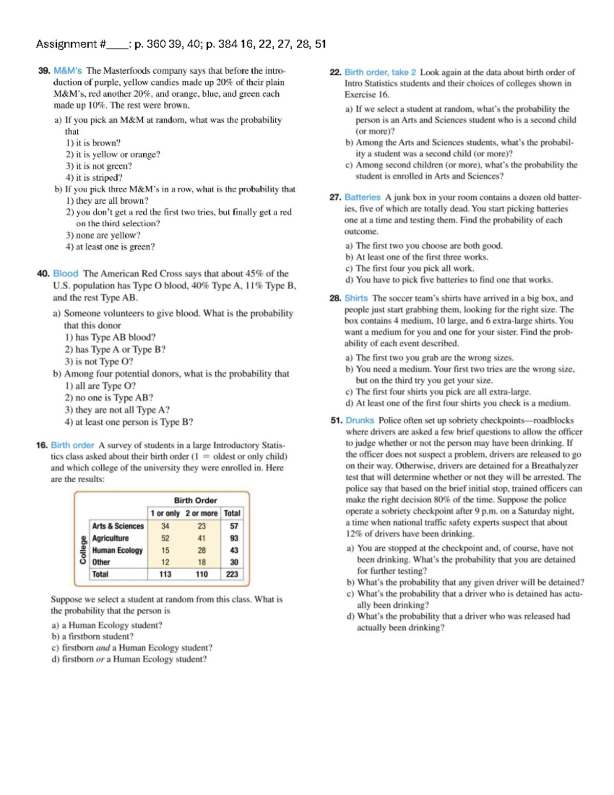 P - Homework: Probabilities & Birth Order Analysis (Intro Stats) - Studocu
