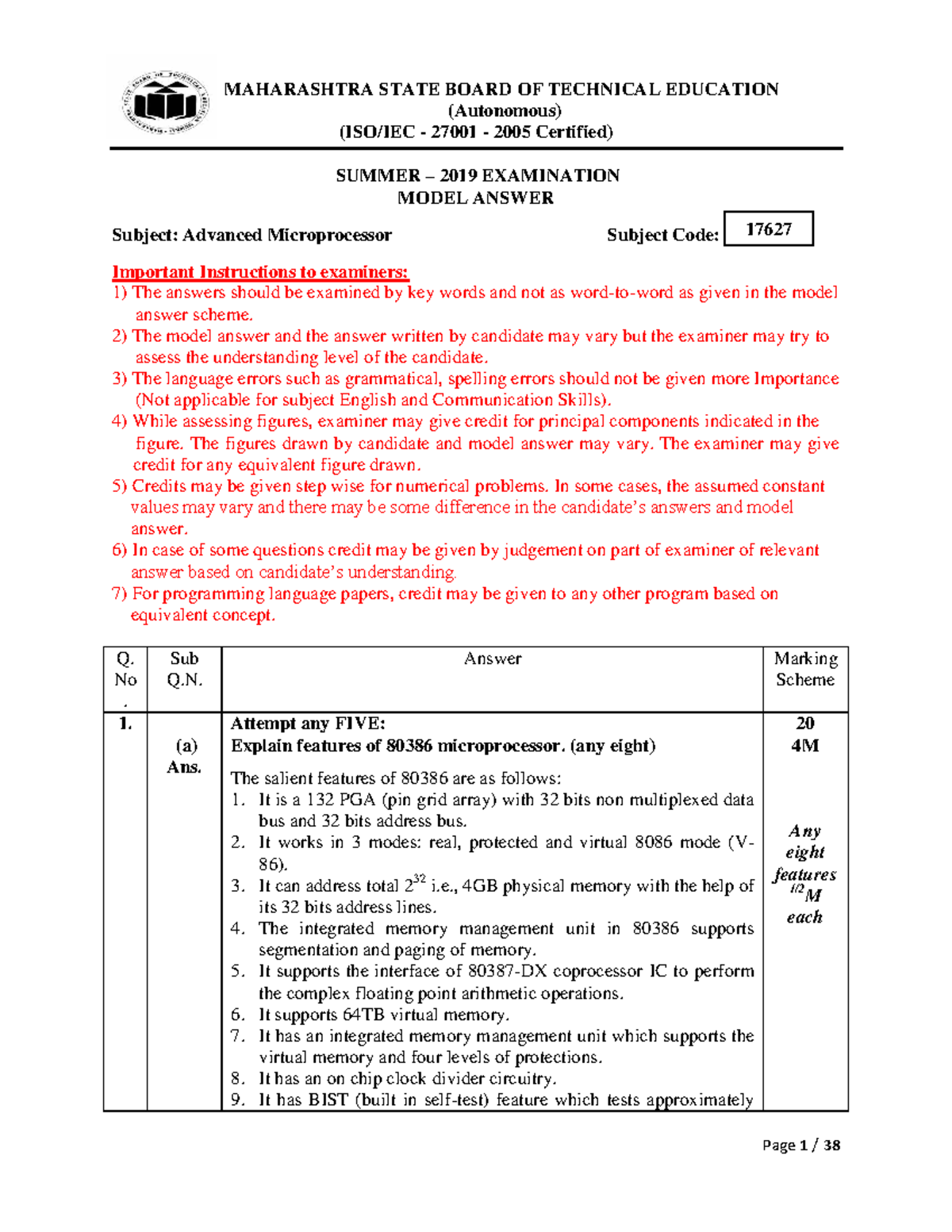 Model Answers for Advanced Microprocessor Exam (17627) - Summer 2019 ...