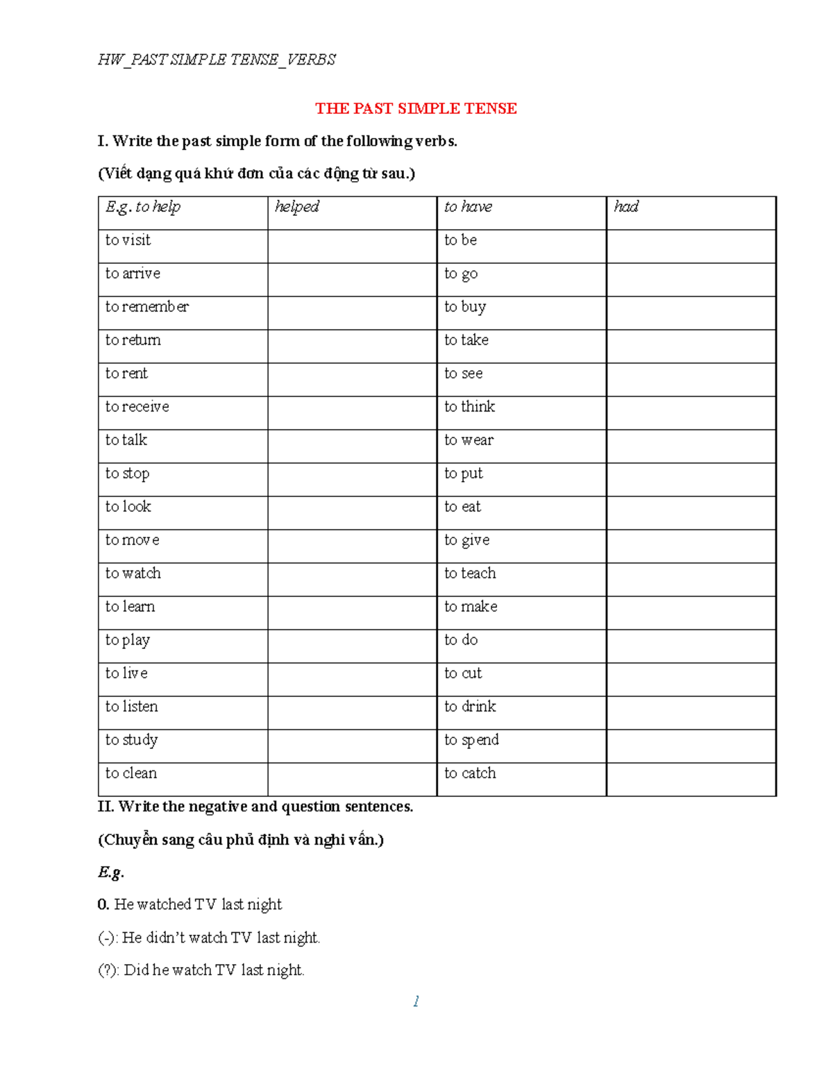 HW310126 Past Simple Tense Exercises and Practice - Studocu