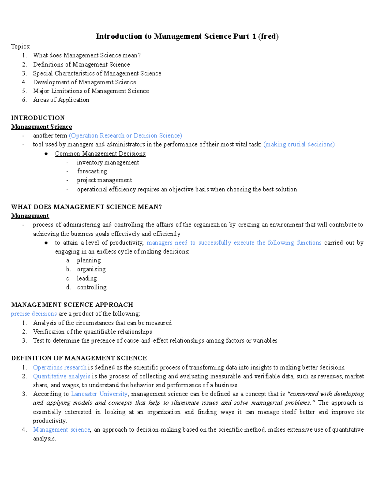 MAN SCI 101: Comprehensive Overview of Management Science Principles ...