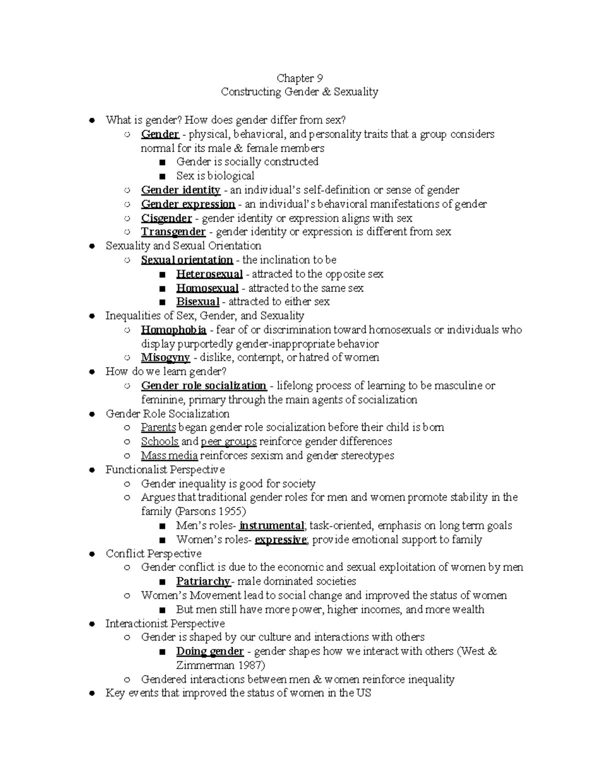 SOCI101 Ch. 9 Final Exam Notes: Constructing Gender & Sexuality - Studocu