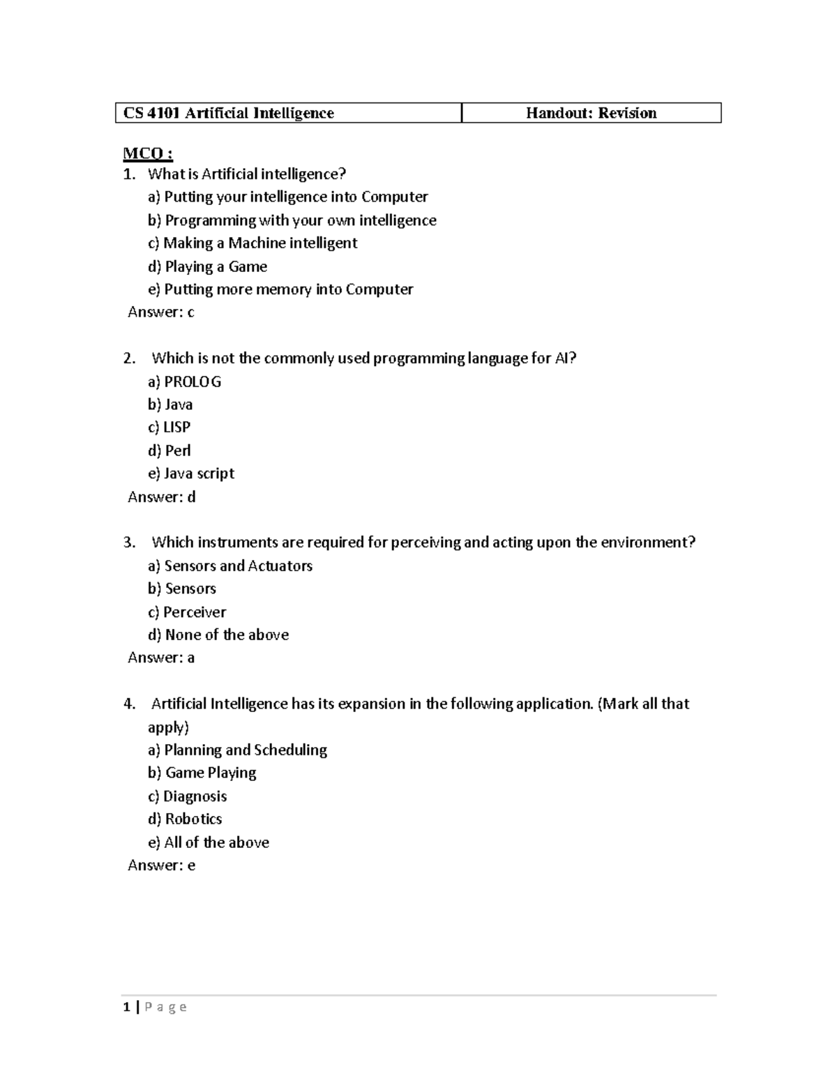 CS 4101 AI Revision Sheet: Key Concepts and MCQs - Studocu
