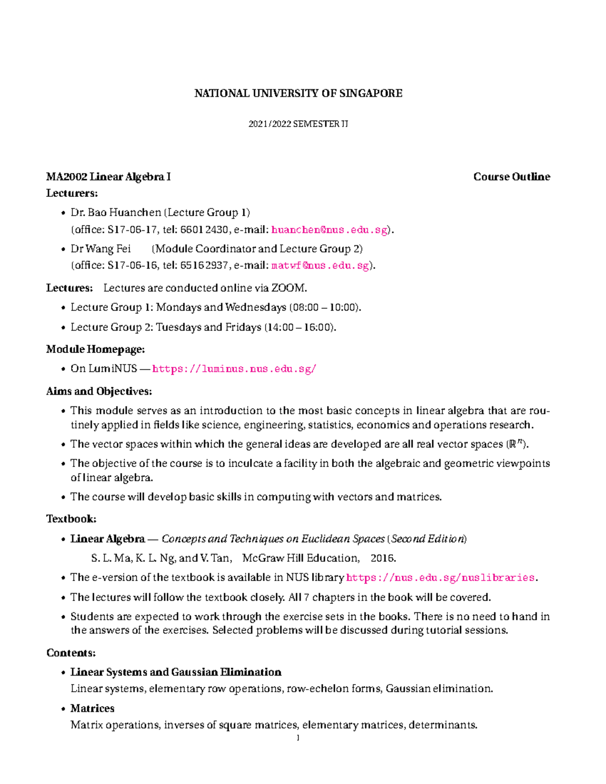 MA2002 Linear Algebra I Course Outline - Semester II (2021-2022) - Studocu