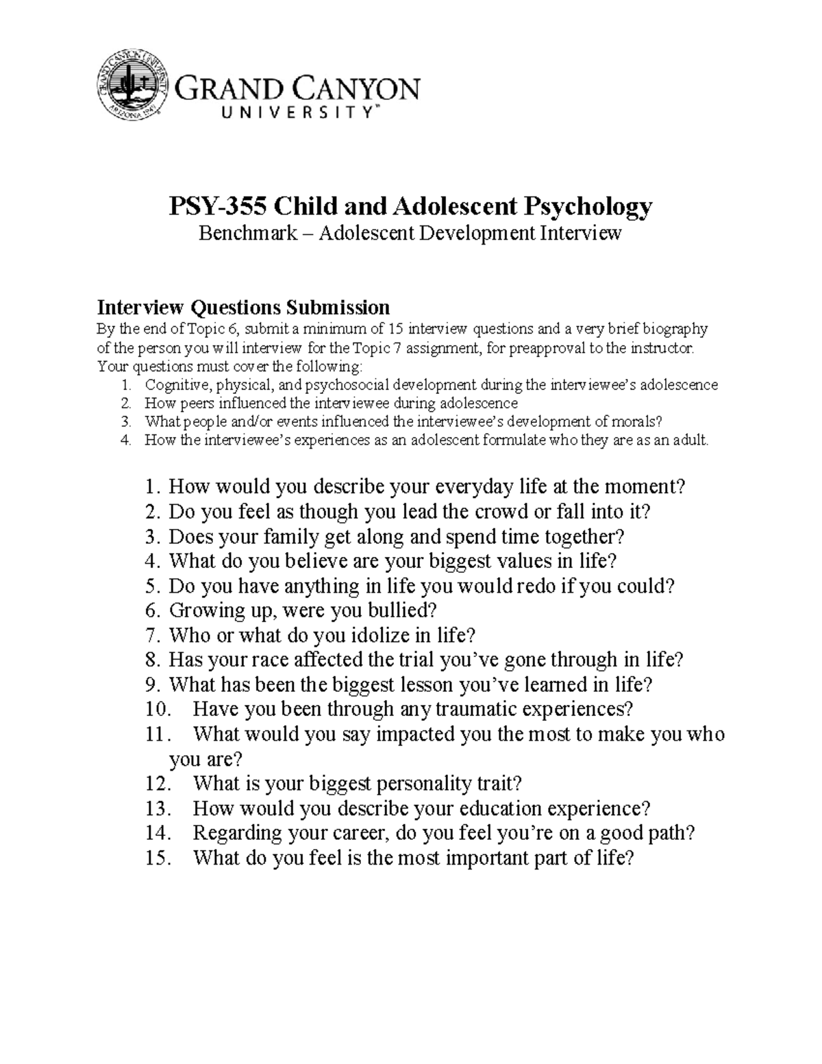 PSY355-RS-Adolescent Development Interview Questions Submission - Studocu