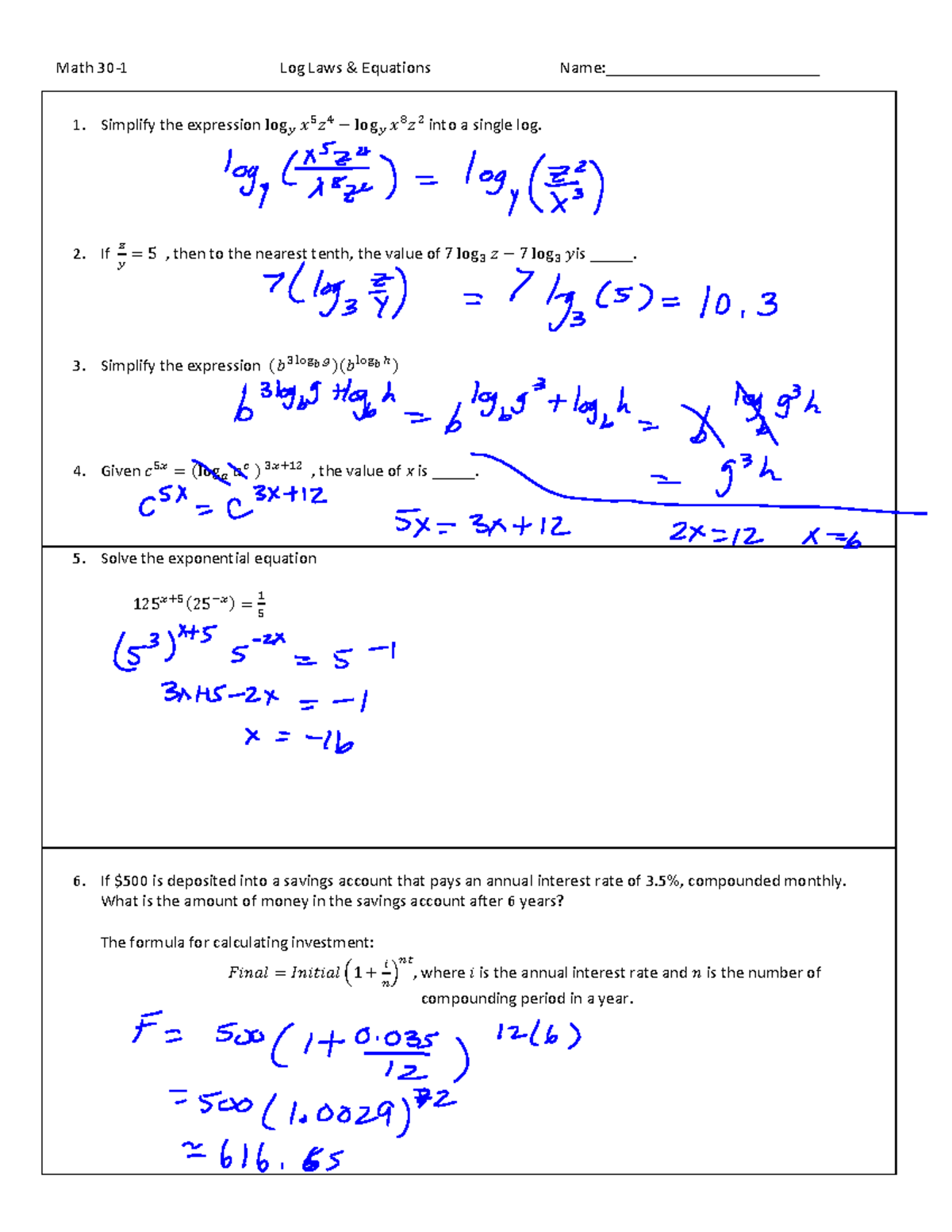 Logs Quiz V1B AM - Answer Key for Log Laws and Equations - Studocu
