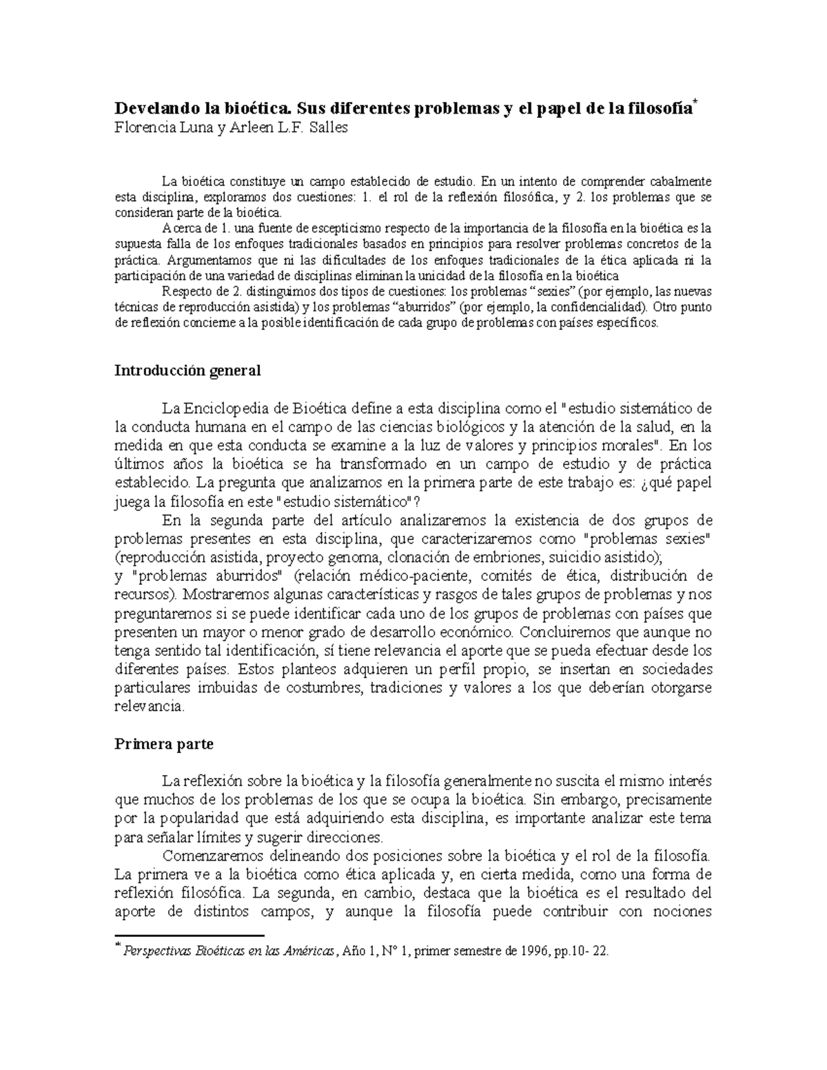 Bioética y Filosofía: Reflexiones y Problemas en el Estudio de Luna y Salles - Document Preview