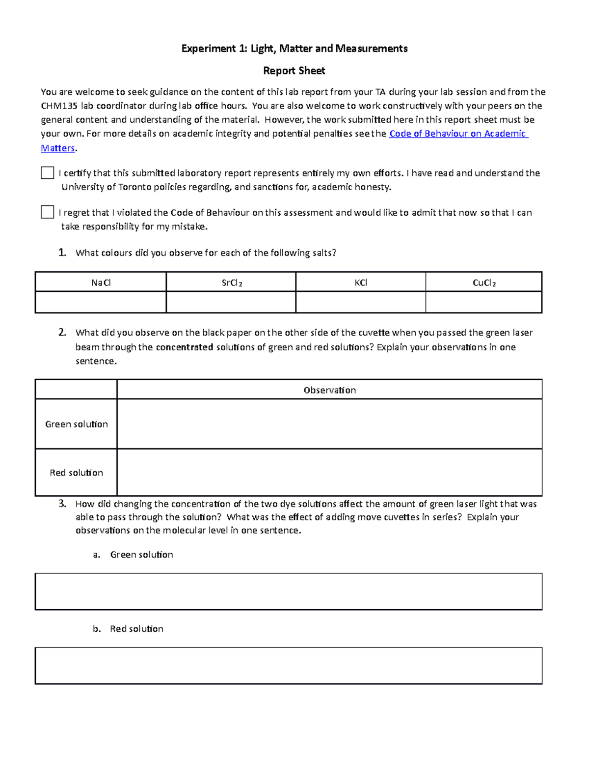 CHM135 Lab 1: Light, Matter and Measurements Report Sheet - Studocu