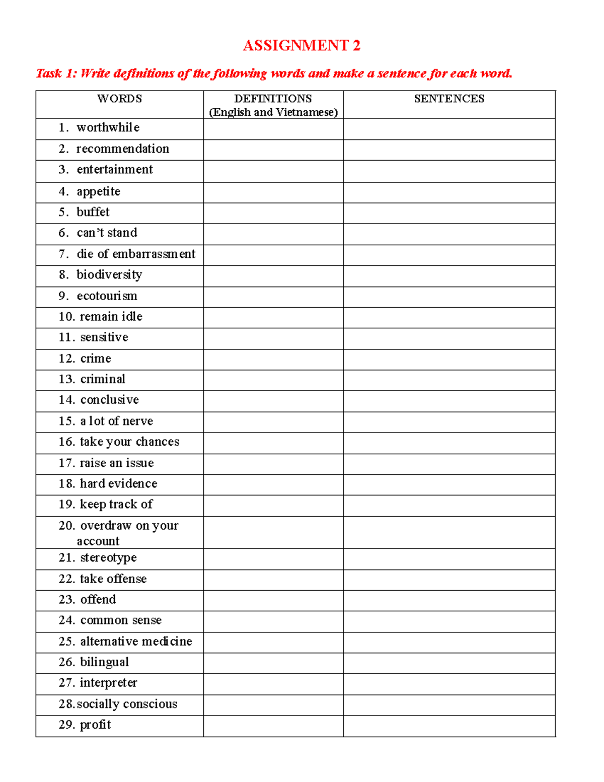 Assignment 2: Definitions & Sentences for Key Vocabulary - Studocu