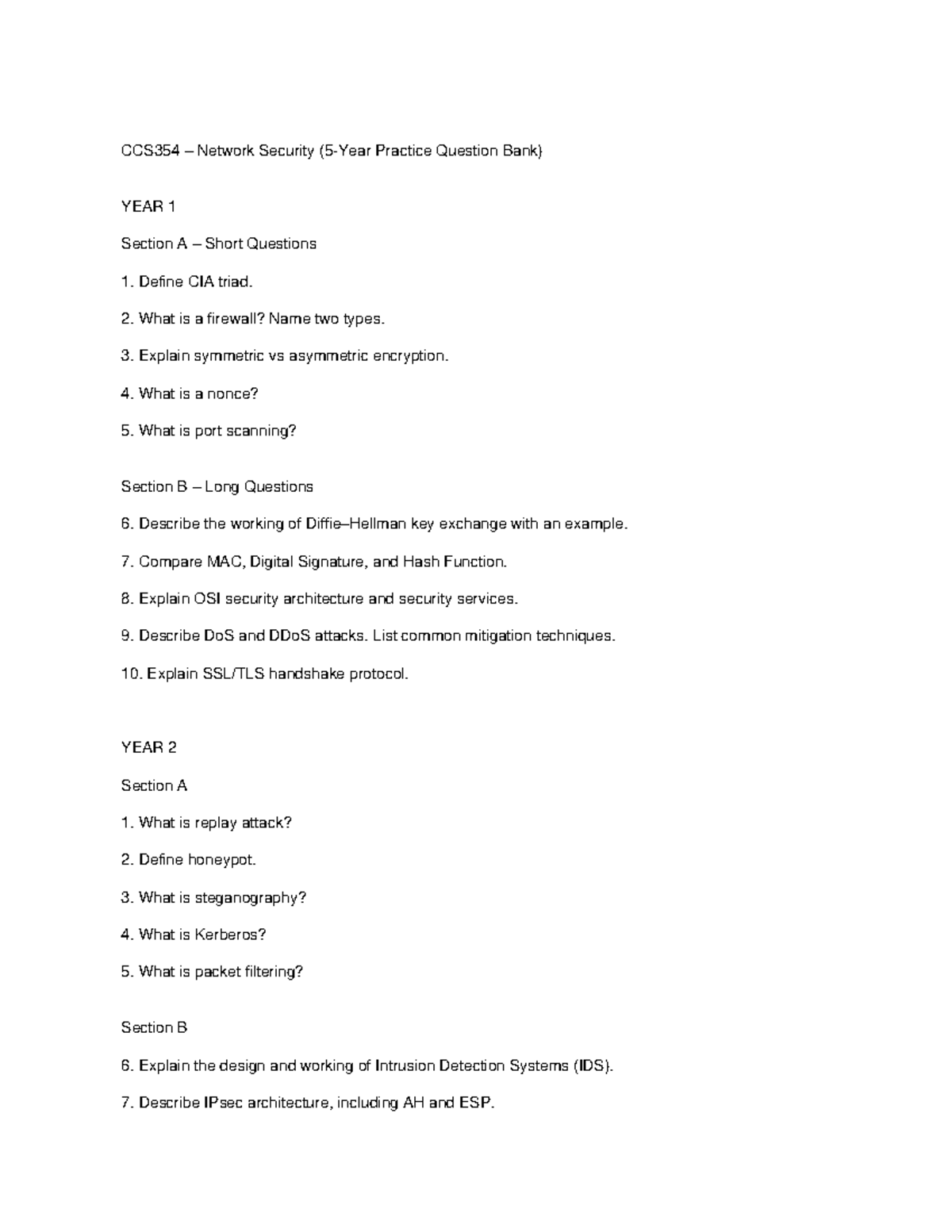 CCS354 Network Security: Comprehensive 5-Year Question Bank - Studocu