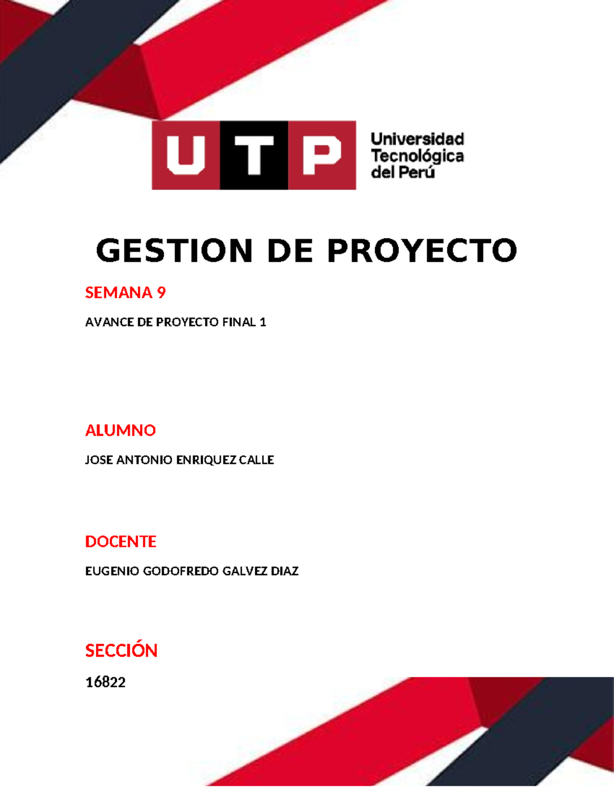 GESTION DE PROYECTO SEMANA 9: AVANCE DE PROYECTO FINAL 1 - Studocu