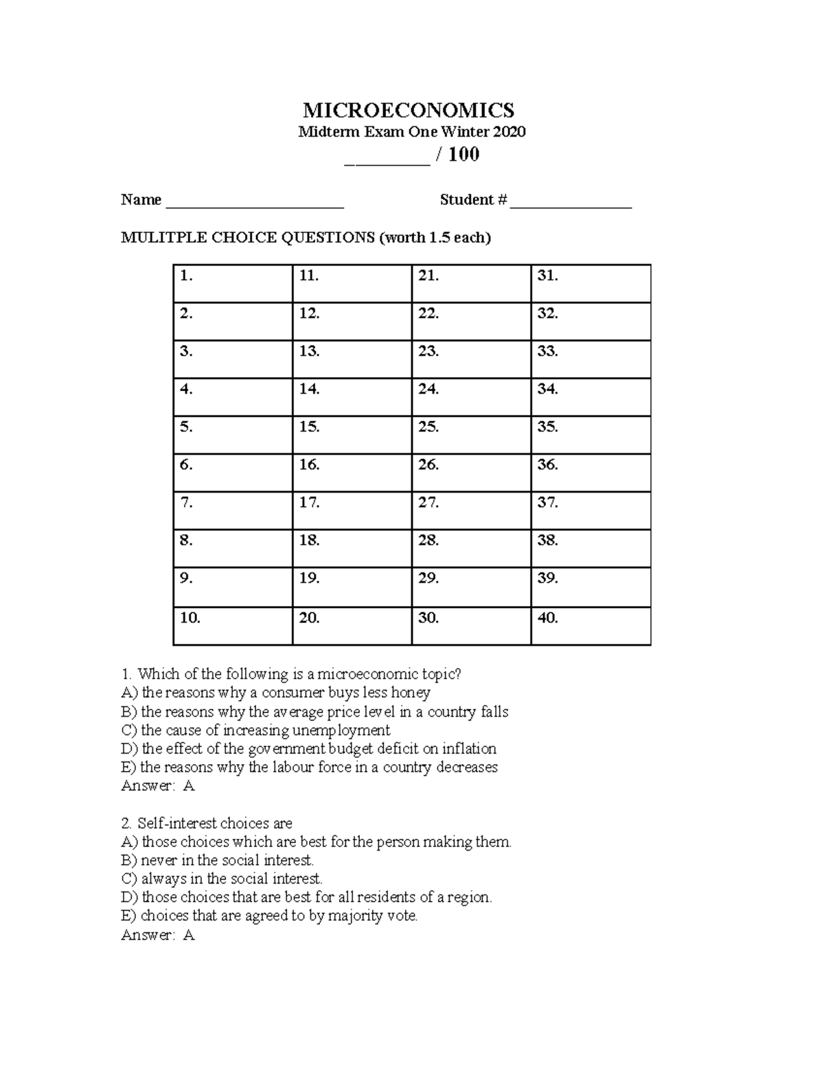 Microeconomics Midterm 1 Winter 2020: Questions & Answers Guide - Studocu