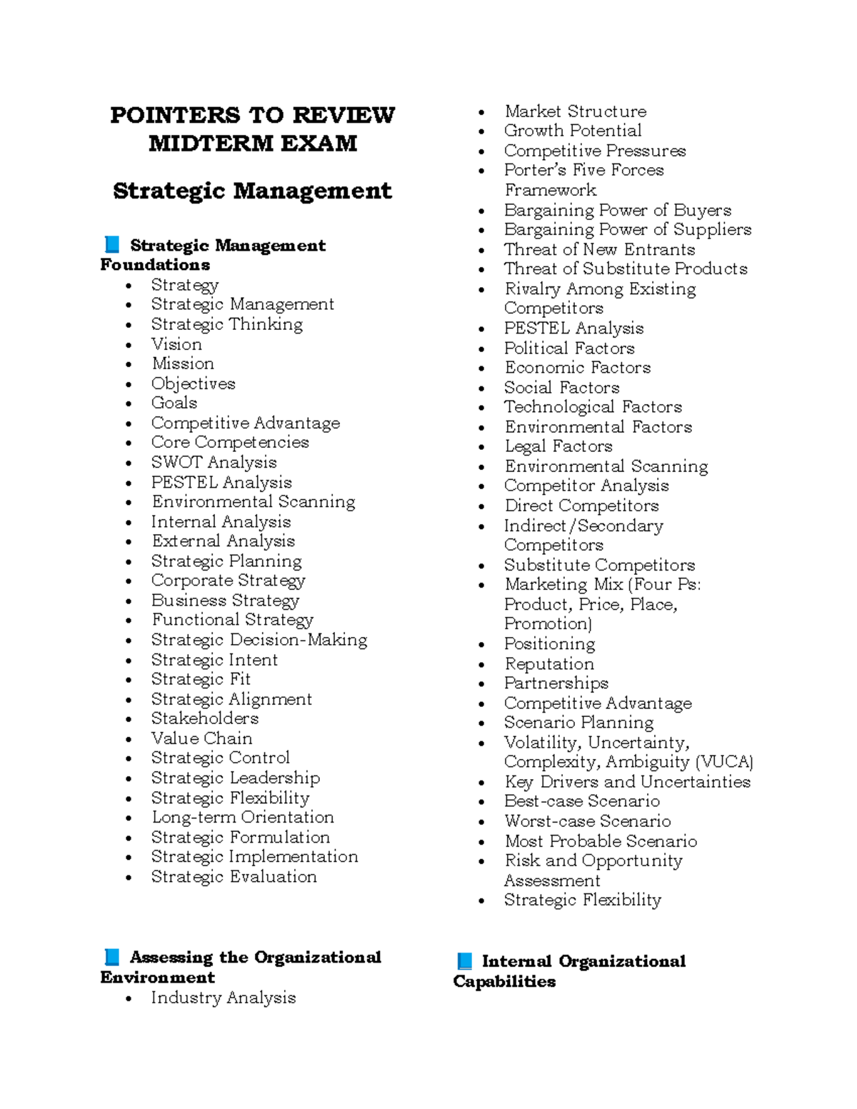 Strategic Management Midterm Exam Review Pointers (SM) - Studocu