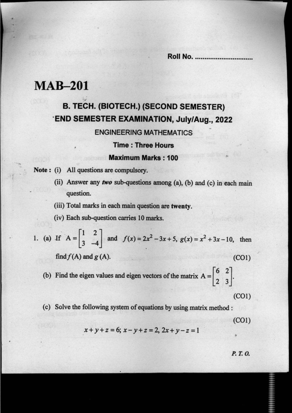 B. TECH. (BIOTECH.) 2ND SEMESTER END SEMESTER EXAMINATION 2022 ...
