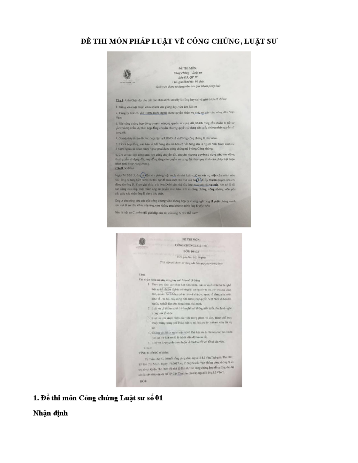 Đề Thi Môn Pháp Luật Về Công Chứng - Luật Sư Số 01 - Document Preview