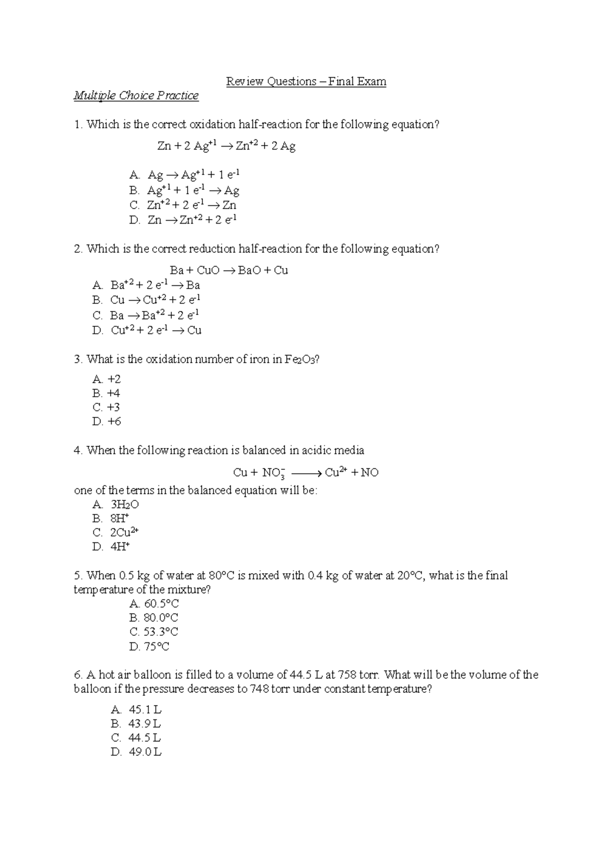 Final Exam Review Questions with Updated Multiple Choice Options - Studocu