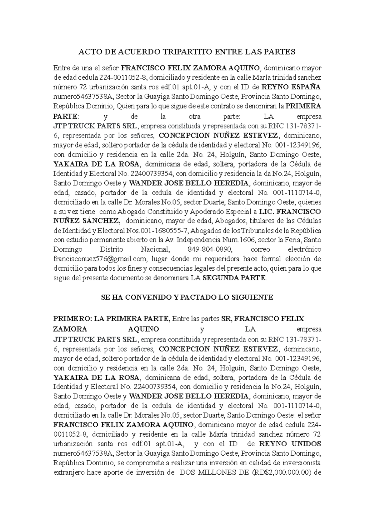 ACTO DE ACUERDO TRIPARTITO ENTRE LAS PARTES - JTP TRUCK PARTS - Studocu