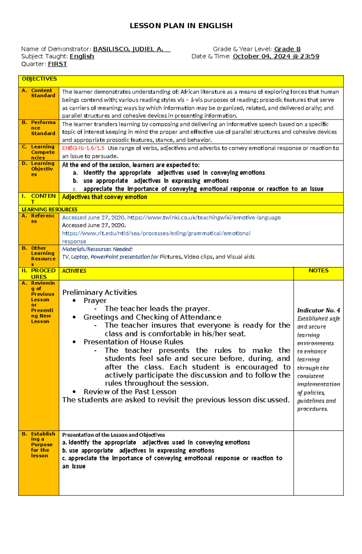 Basilisco, Activity 7 - Lesson Plan integrating the Formative ...