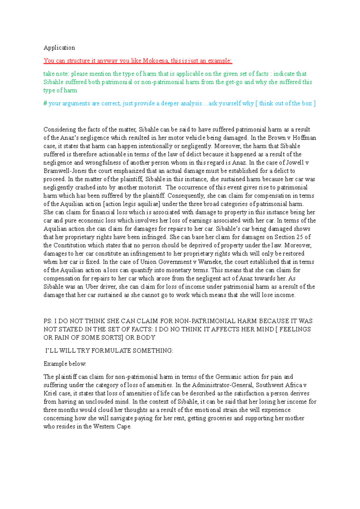 Patrimonial Harm Analysis: Sibahle's Case Study (Law 101) - Studocu