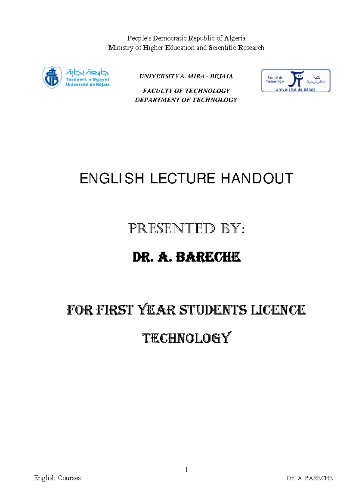 Course Handout: English Lecture Notes for First Year Technology ...