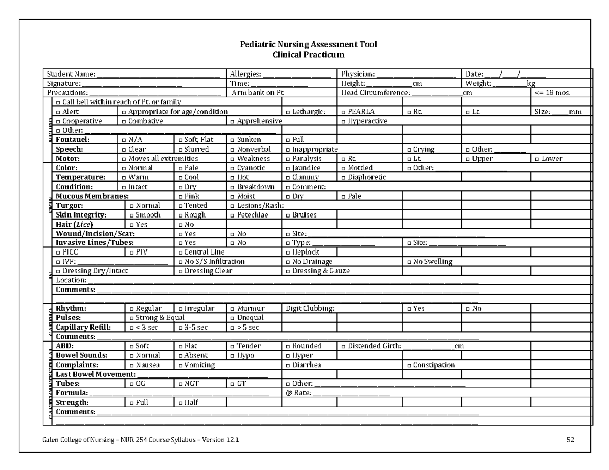 PEDS 254 Pediatric Nursing Assessment Tool for Clinical Practicum - Studocu