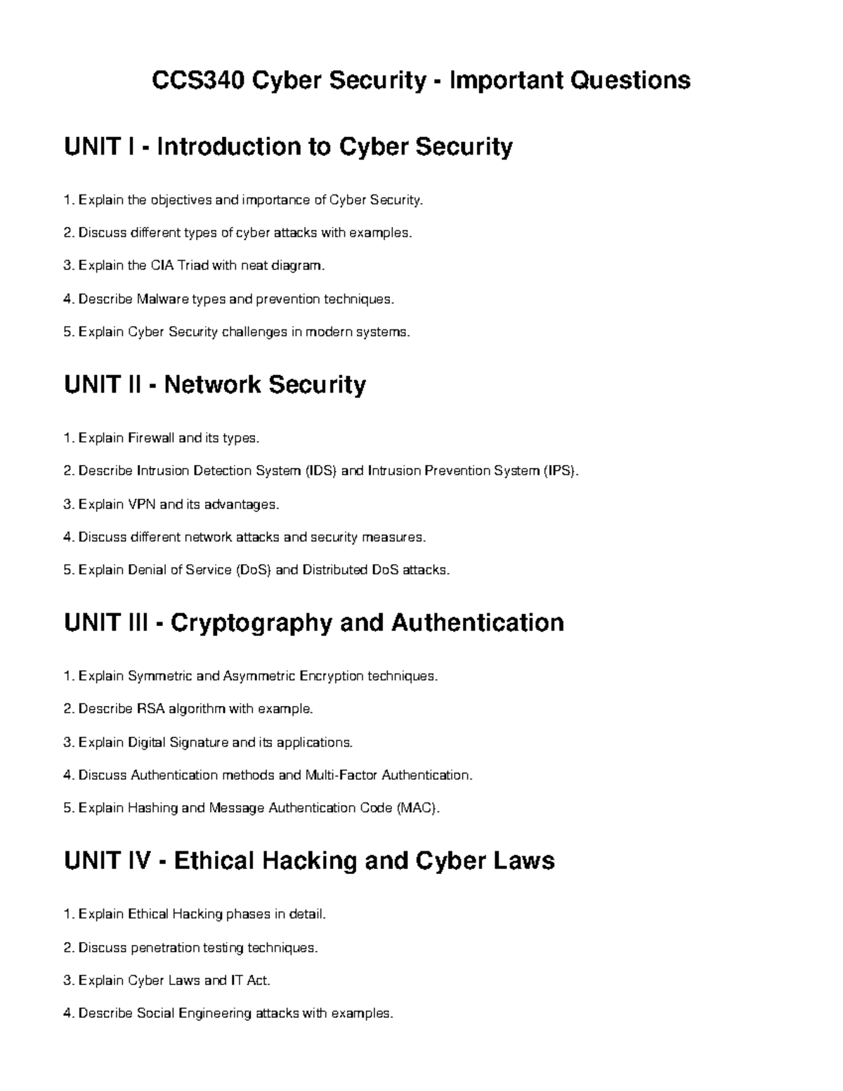CCS340 Cyber Security Important Questions - Unitwise Overview - Studocu