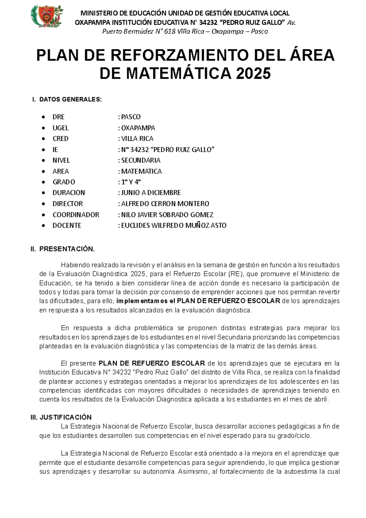 PLAN DE REFUERZO ESCOLAR MATEMÁTICA 2025 - IE 34232 RUIZ - Document Preview