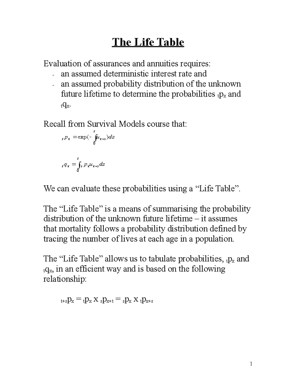 3 The Life Table - Lecture notes - The Life Table Evaluation of ...