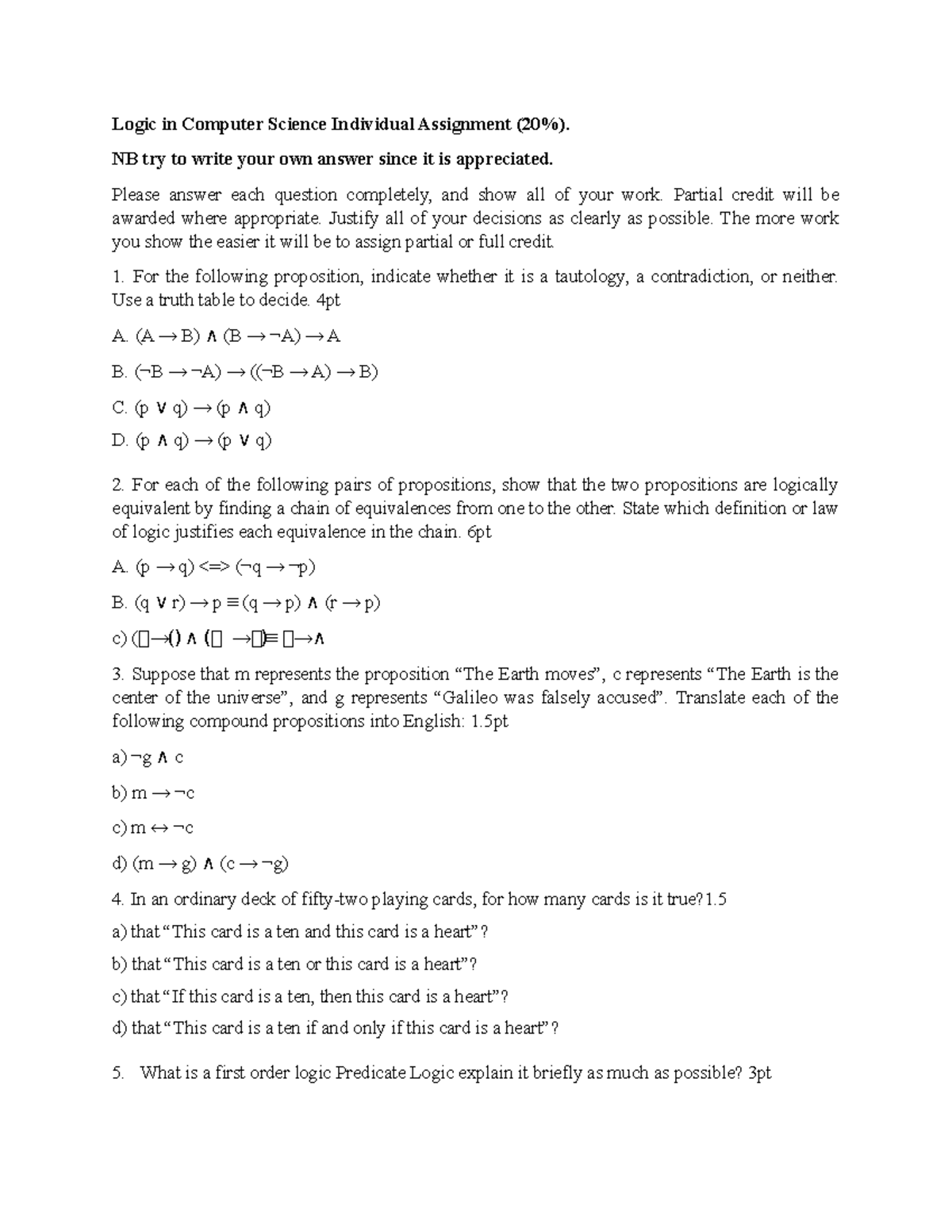 Logic in Computer Science: Individual Assignment Questions & Solutions ...