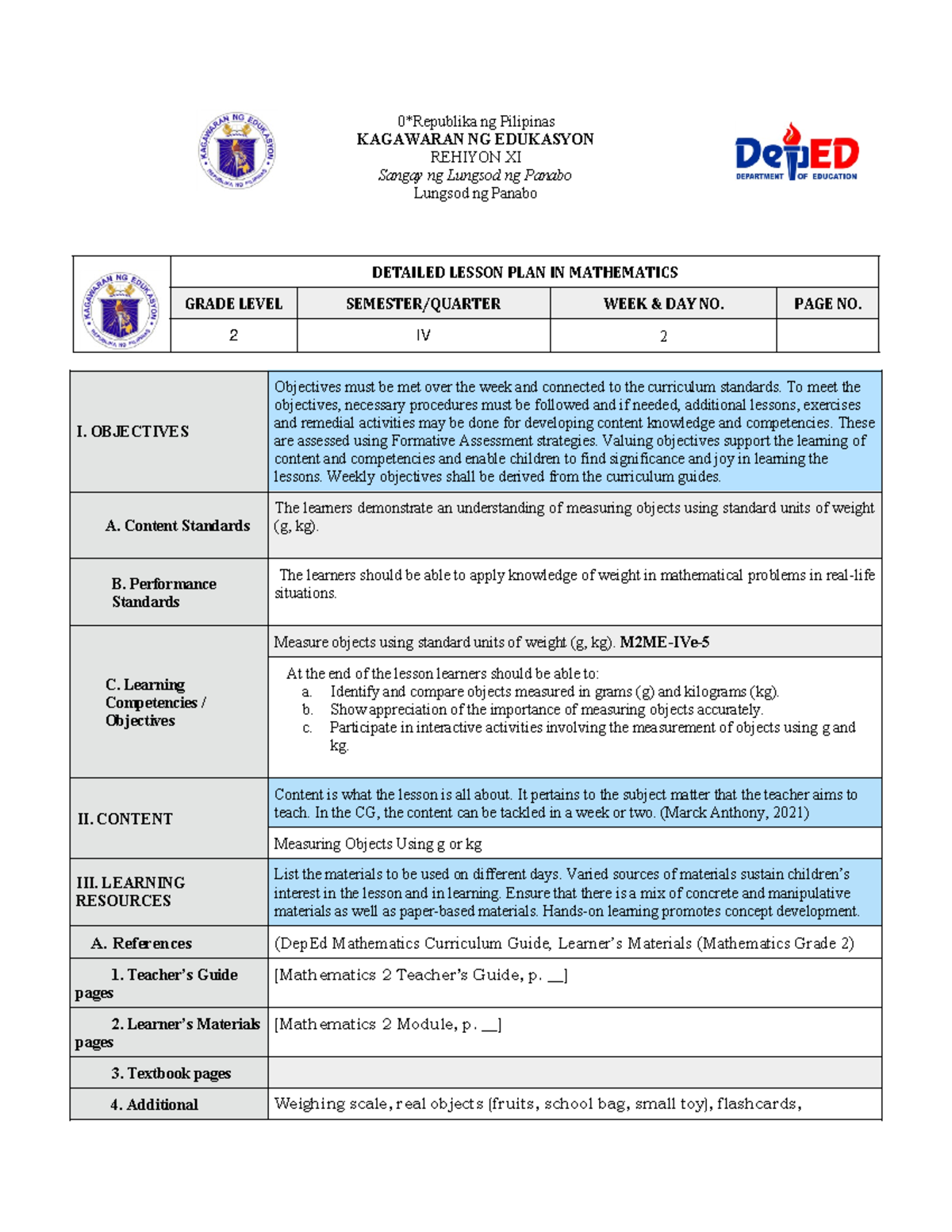 Detailed Lesson Plan in Mathematics (Grade 2) - Week 2 - Studocu