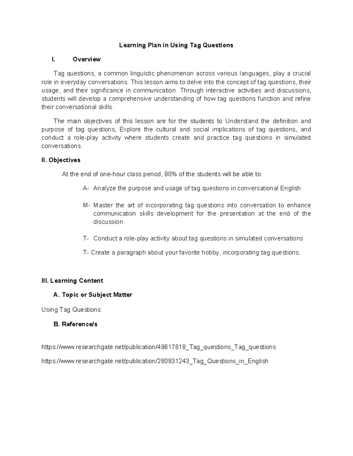 Learning-Plan-in-Using-Tag-Questions - Learning Plan in Using Tag ...