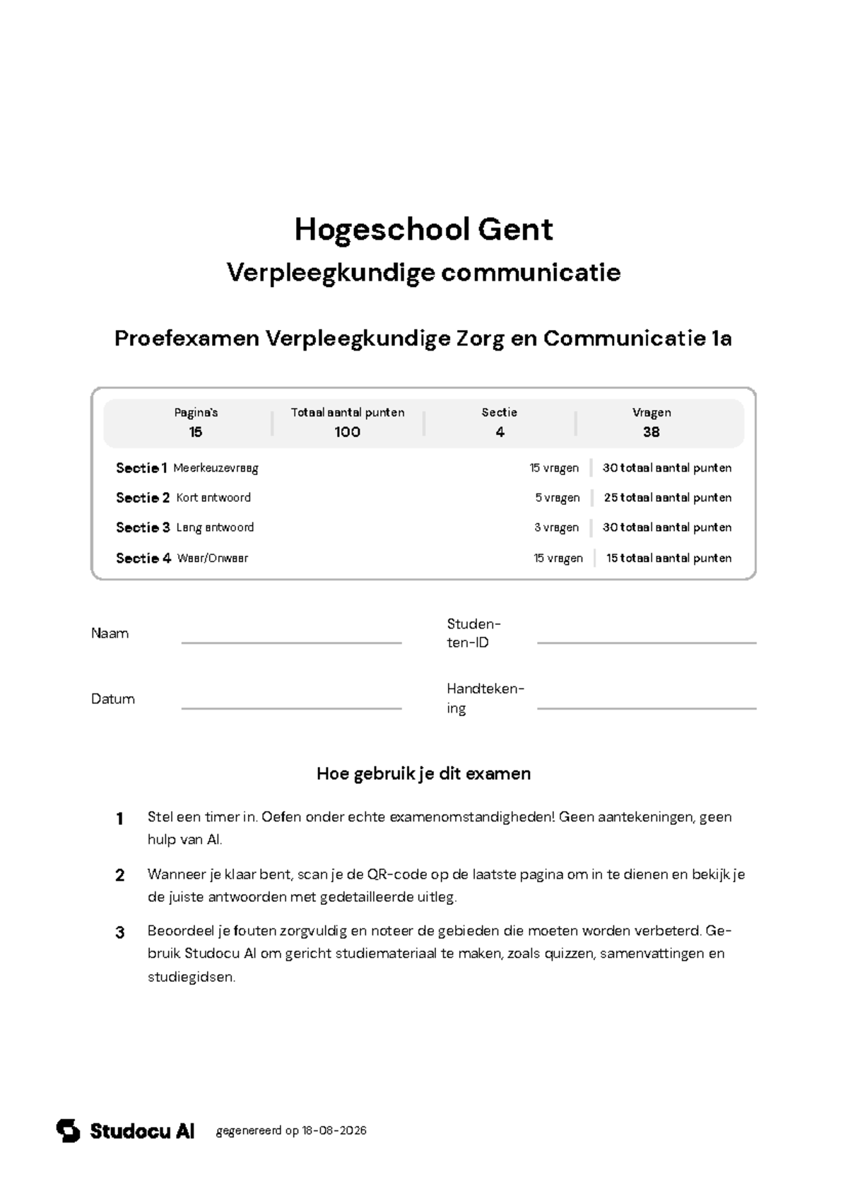 Proefexamen Verpleegkundige Zorg en Communicatie 1a - Studocu