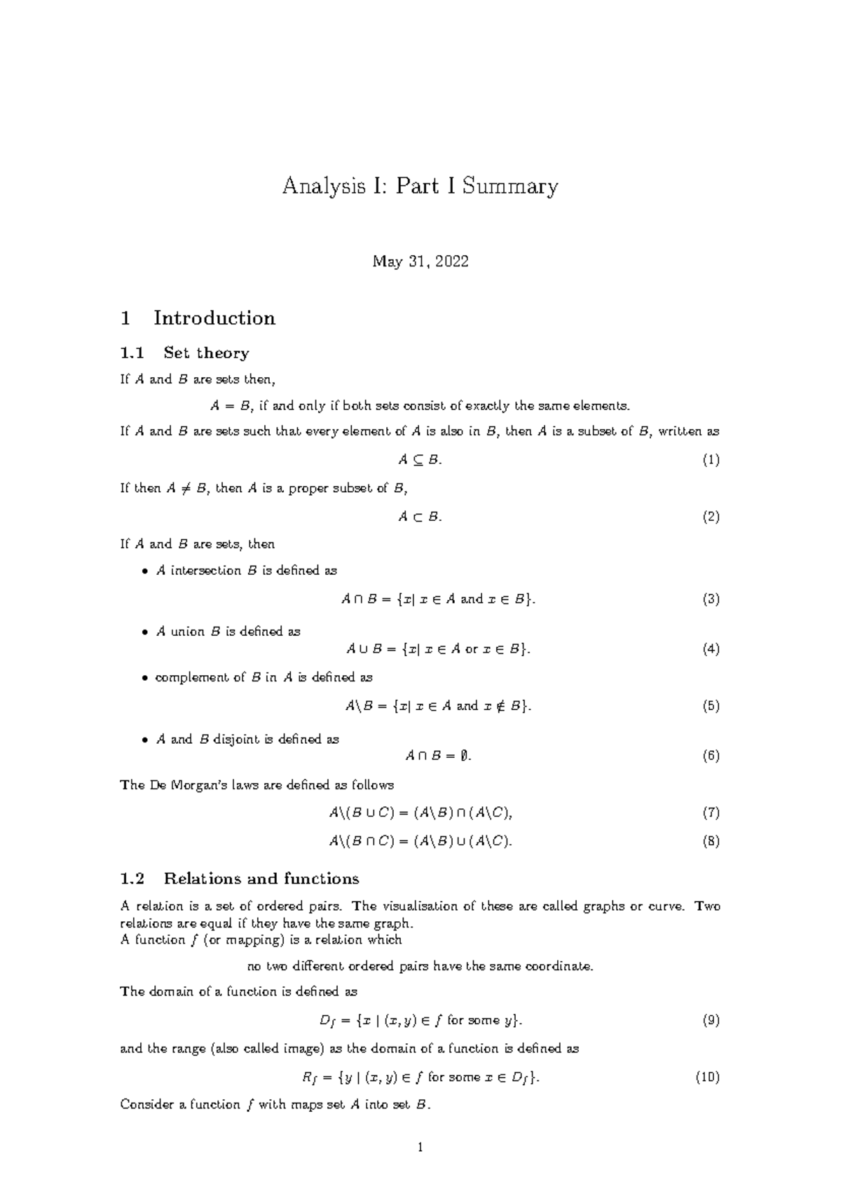 Analysis I Summary: Set Theory, Functions & Limits (Topics Included ...