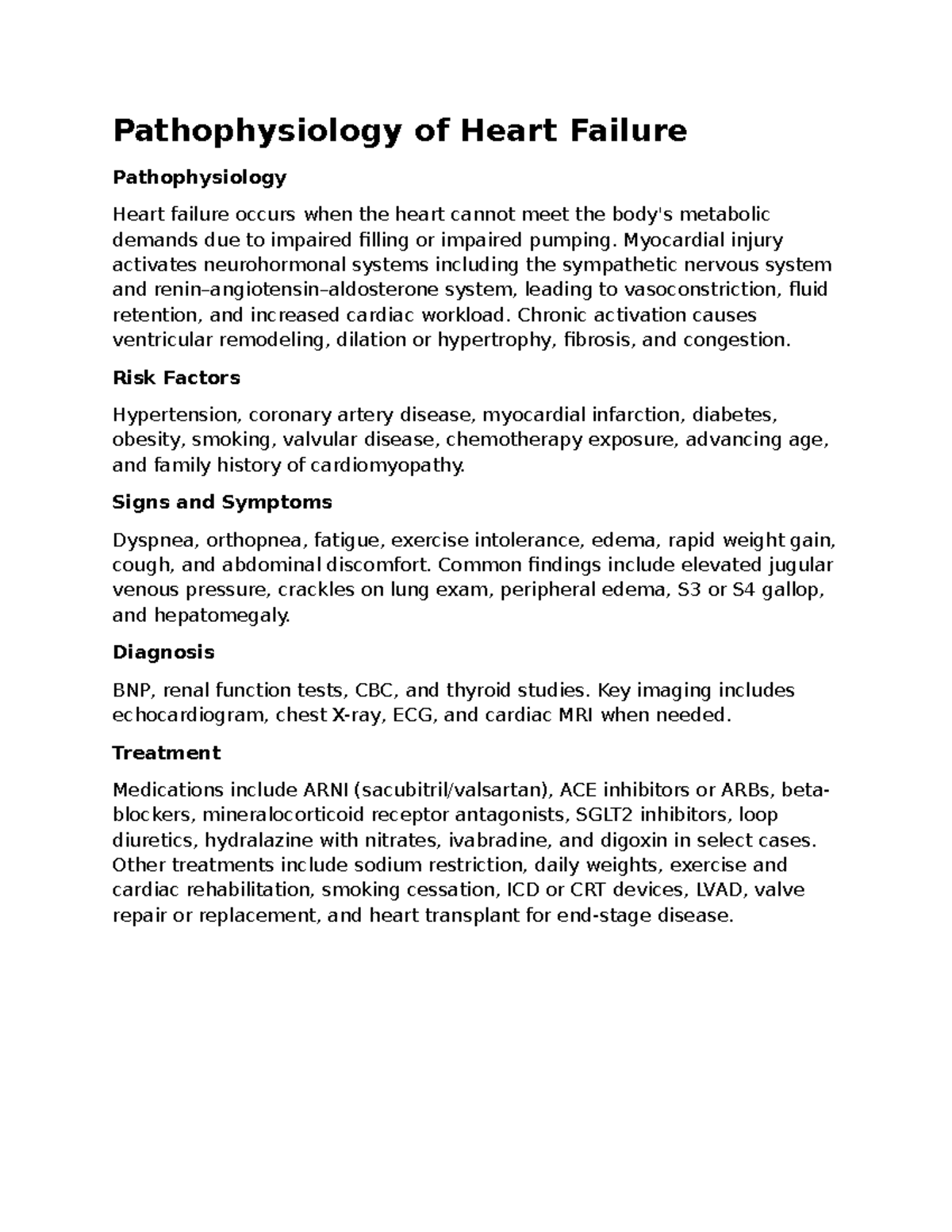 Pathophysiology of Heart Failure: Key Concepts and Management - Studocu