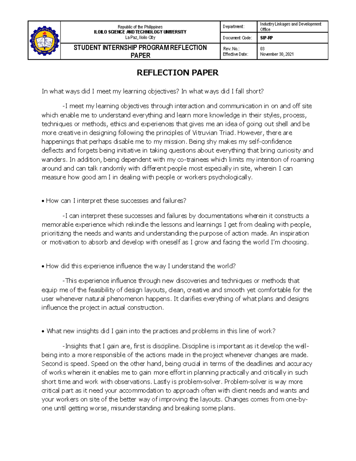 SIP-RP Reflection Paper: Insights from Student Internship Experience ...