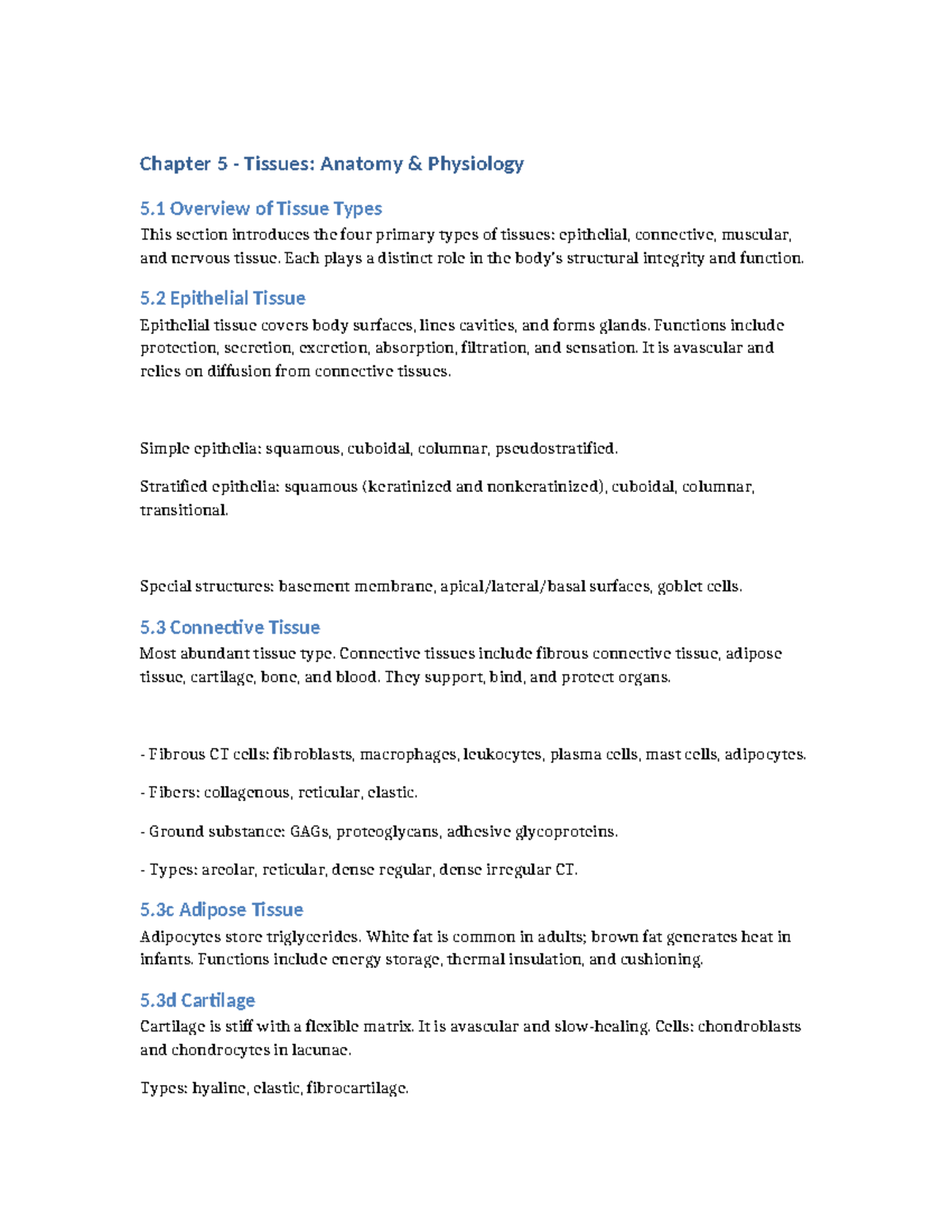 Chapter 5 Tissues: Anatomy & Physiology Overview and Summary - Studocu