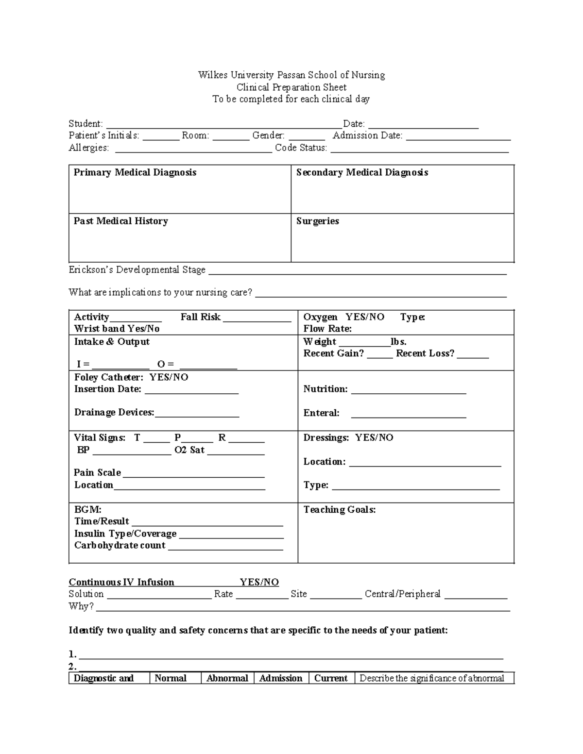 Clinical Prepsheet - prep sheet - Wilkes University Passan School of ...