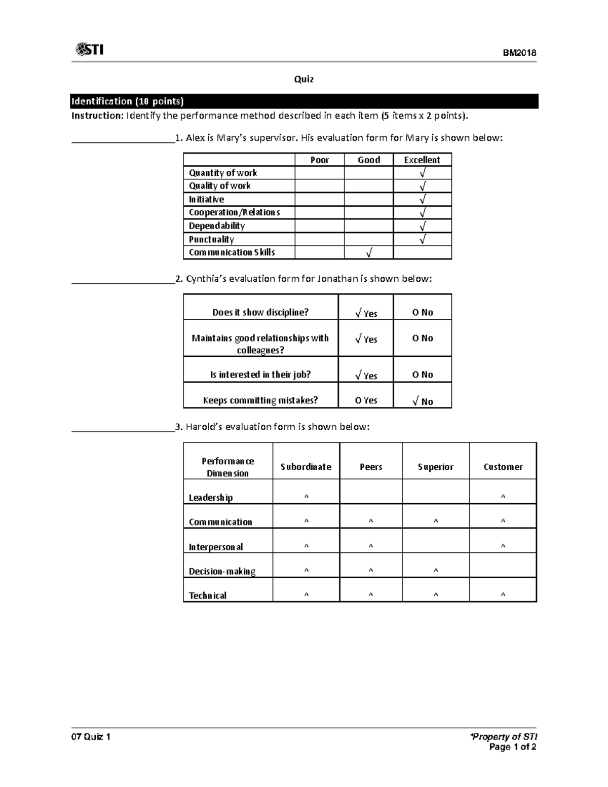07 Quiz 1 - Performance Evaluation Methods and Analysis - Studocu